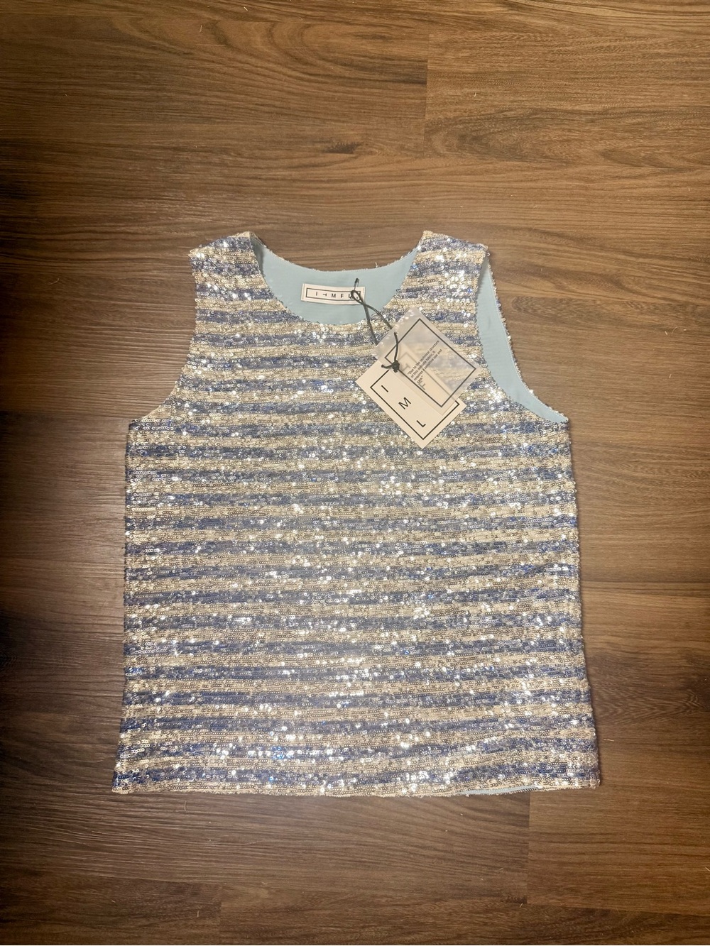 Sequin Striped Sleeveless Tank Top - Light Blue & Silver